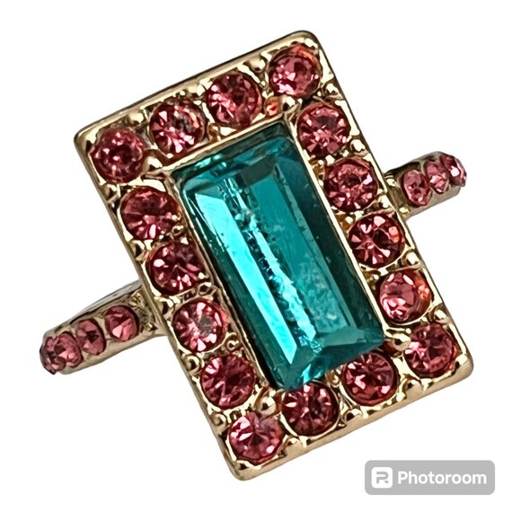 Rose Gold Crystal Cocktail Ring Pink Aqua Blue Princess Cut Size 6 Plated - Picture 1 of 14